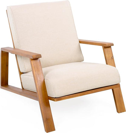 Christopher Knight Home Smeb Lounge Chair Outdoor with Cushions, Acacia Wood Adirondack Chair, Slatted Design Side Chair, Extra Seating for Balcony Backyard Poolside Garden, Teak + Beige