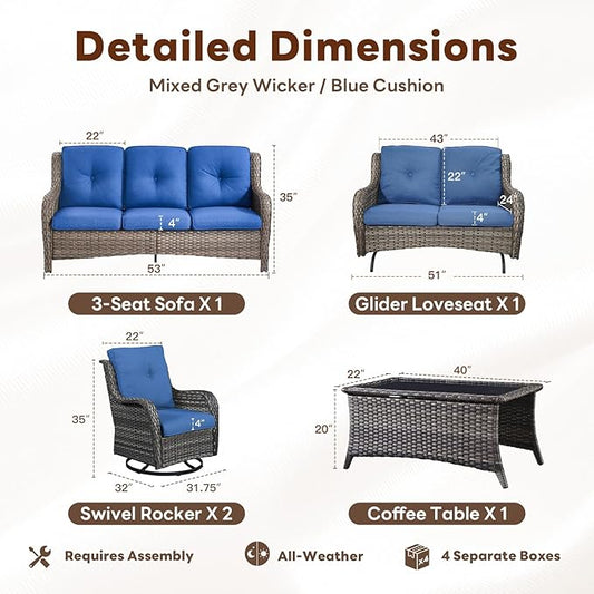 Belord 5 Piece Outdoor Wicker Furniture, Patio Swivel Rocking Chairs with Loveseat and 3 Seat Sofa,All Weather Patio Conversation Furniture Set, for Backyard Poolside Gray Wicker/Blue