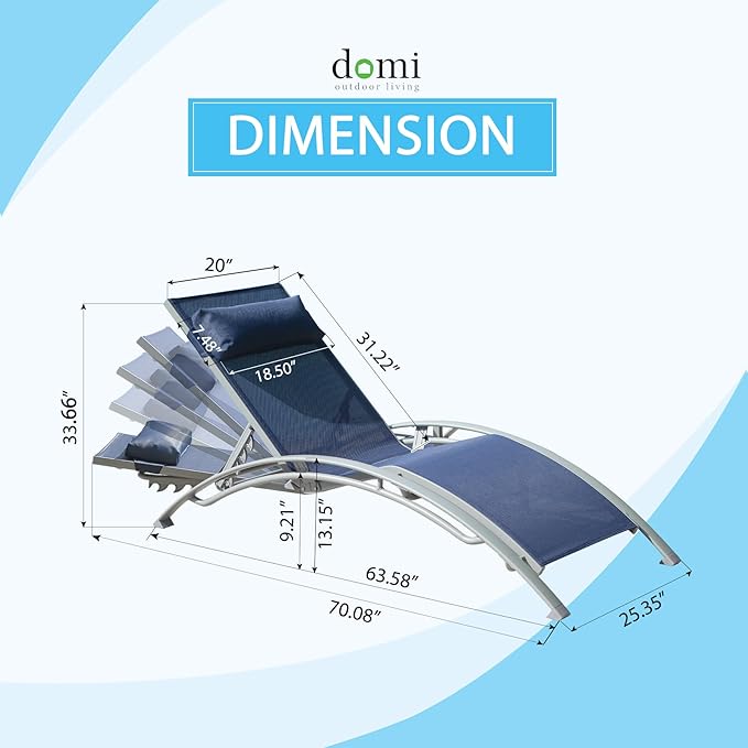 Domi Pool Lounge Chairs Set of 2, Adjustable Aluminum Outdoor Chaise Lounge Chairs, All Weather for Deck Lawn Poolside Backyard -Blue Textilene