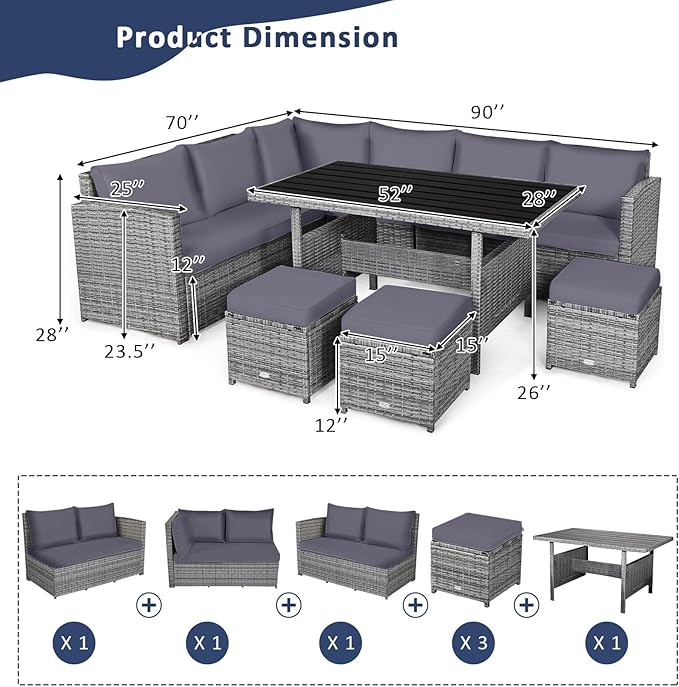 COSTWAY 7 PCS Wicker Outdoor Conversation Set, Patio Sectional Furniture Sofa Set with Table & Seat Cushions, Rattan Furniture Sets for Backyard Garden Poolside Porch, Grey
