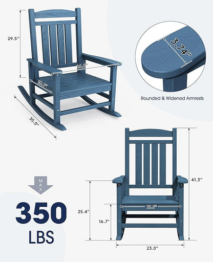 KINGYES Oversized Patio Rocking Chair Set of 2, HDPE Outdoor Rocking Chairs with 330lbs Support for Adults, Navy