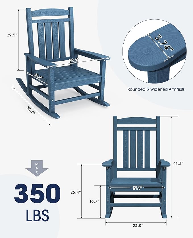KINGYES Oversized Outdoor Rocking Chair Set of 4, HDPE Patio Rocking Chairs with 330lbs Support for Adults, Navy