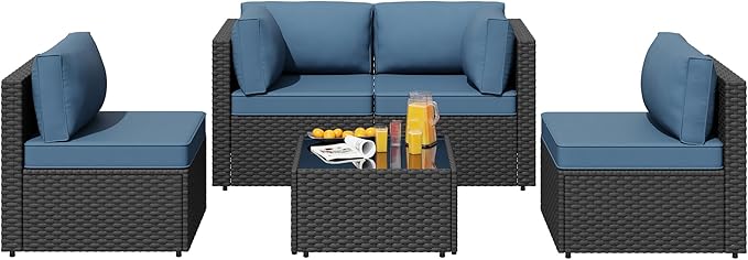 SUNLEI 5pcs Patio Furniture Sets Conversation Set, Low Back All-Weather Rattan Sectional Sofa with Tea Table&Washable Couch Cushions, Outdoor Furniture Set