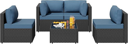 SUNLEI 5pcs Patio Furniture Sets Conversation Set, Low Back All-Weather Rattan Sectional Sofa with Tea Table&Washable Couch Cushions, Outdoor Furniture Set