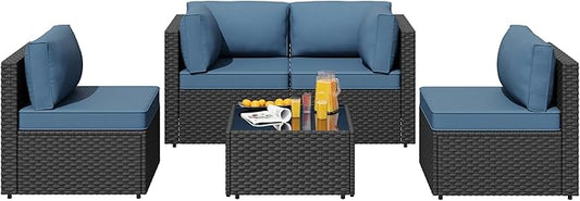 SUNLEI 5pcs Patio Furniture Sets Conversation Set, Low Back All-Weather Rattan Sectional Sofa with Tea Table&Washable Couch Cushions, Outdoor Furniture Set