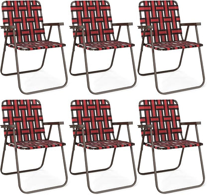 GYMAX Lawn Chair Folding, Webbed Beach Lounge Chairs Set with Highback, Outdoor Portable Lightweight Camping Dinning Chair for Patio, Lawn, Poolside, Sports, Garden, Backyard (6,Red)