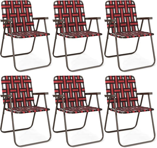GYMAX Lawn Chair Folding, Webbed Beach Lounge Chairs Set with Highback, Outdoor Portable Lightweight Camping Dinning Chair for Patio, Lawn, Poolside, Sports, Garden, Backyard (6,Red)