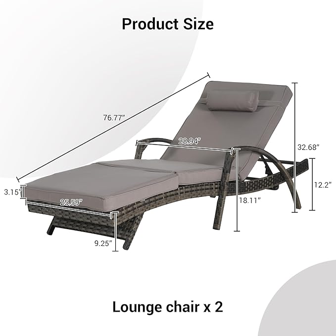 KEIKI Wicker Outdoor Chaise Lounge Chairs Set of 2 for Patio & Pool Side with 5-Level Adjustable Backrest and Cushions - Photo 2