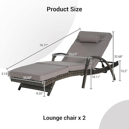 KEIKI Wicker Outdoor Chaise Lounge Chairs Set of 2 for Patio & Pool Side with 5-Level Adjustable Backrest and Cushions, Garden Beach Upholstered Couches Folding Sun Reclining Sofa Bed
