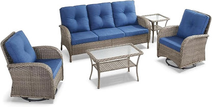 5 Pieces Wicker Patio Furniture Set-Outdoor Swivel Rocker Patio Chairs Patio Sofa Set with Tempered Glass Top Outdoor Coffee Table for Deck Lawn Porch Balcony Poolside-Grey/Blue