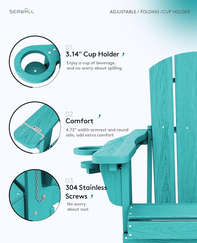SERWALL Folding Adirondack Chair Set of 2, Adjustable Adirondack Chair with 3 Recline Positions - Photo 5