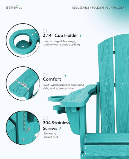 SERWALL Folding Adirondack Chair Set of 8, Adjustable Adirondack Chair with 3 Recline Positions, All Weather HDPE Outdoor Adirondack with Cup Holders, Aruba