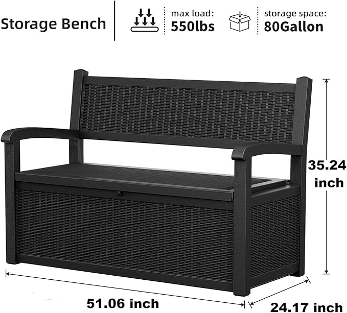 Vixzen 80 Gallon Outdoor Storage Bench Deck Box, Lockable All-Weather Resin Seating with Hidden Storage, Waterproof Patio Furniture for Garden, Pool, Black