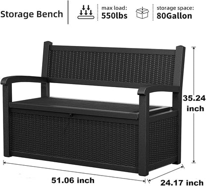 Vixzen 80 Gallon Outdoor Storage Bench Deck Box, Lockable All-Weather Resin Seating with Hidden Storage, Waterproof Patio Furniture for Garden, Pool, Black