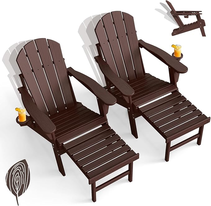 GREENVINES Adjustable Adirondack Chair with Retractable Ottoman Set of 2 | Folding | 2 Cup Holders | Wood Grain HDPE Plastic | Fire Pit Chairs w/Foot Rest | Dark Brown | for Outdoor Patio Poolside