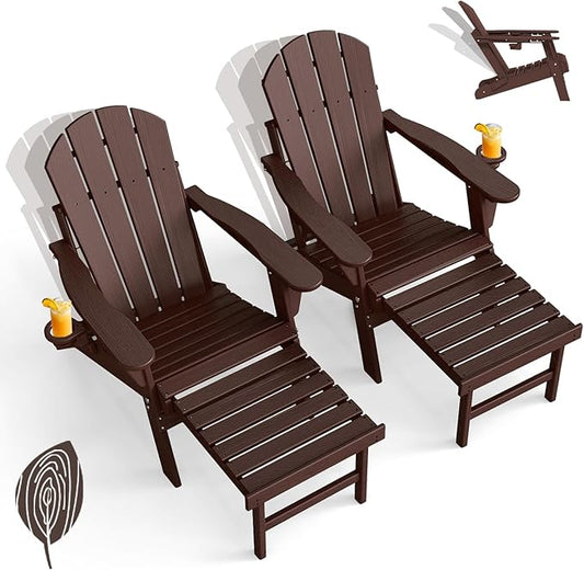 GREENVINES Adjustable Adirondack Chair with Retractable Ottoman Set of 2 | Folding | 2 Cup Holders | Wood Grain HDPE Plastic | Fire Pit Chairs w/Foot Rest | Dark Brown | for Outdoor Patio Poolside