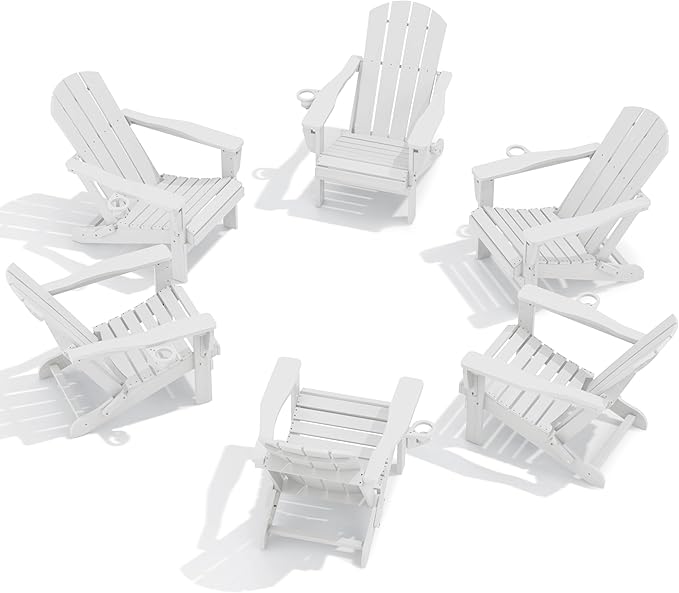 SERWALL Folding Adirondack Chair Set of 6, Reclining Adirondack Chair with 3 Recline Positions, All Weather HDPE Outdoor Adirondack, White