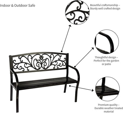 Evergreen Garden Weatherproof Outdoor Bench Blooming Garden | Holds Up to 300 lbs. | Furniture for Lawn Garden Patio Porch Park Deck | Steel | Black