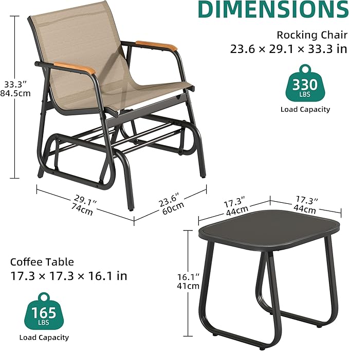 YITAHOME 3 Piece Patio Furniture Set, Outdoor Glider Chair Bistro Set, Coffee Table with Tempered Glass Tabletop - Photo 3