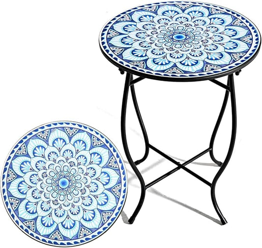 Round Side Table, 14” Patio Accent Weather Resistant Metal Side Table for Livingroom Patio Balcony Yard Porch Garden, Indoor Outdoor Small Plant Stand