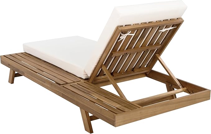 Christopher Knight Home Dami Patio Chaise Lounge Chair Outdoor with 4-Thick Cushion, Acacia Wood Poolside Sun Lounger, Space Available On One Side, Adjustable Backrest Pool Lounger, Light Brown+Cream