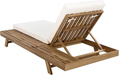Christopher Knight Home Dami Patio Chaise Lounge Chair Outdoor with 4-Thick Cushion, Acacia Wood Poolside Sun Lounger, Space Available On One Side, Adjustable Backrest Pool Lounger, Light Brown+Cream