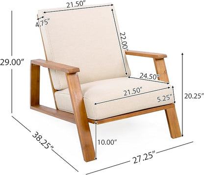 Christopher Knight Home Smeb Lounge Chair Outdoor with Cushions, Acacia Wood Adirondack Chair, Slatted Design Side Chair, Extra Seating for Balcony Backyard Poolside Garden, Teak + Beige