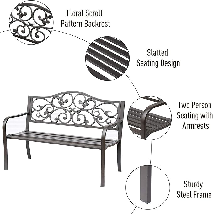 ReunionG 50" Patio Garden Bench Loveseats Park Yard Furniture Vintage Floral Garden Cast Iron Patio Porch Chair - Photo 6