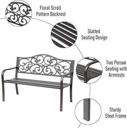 ReunionG 50" Patio Garden Bench Loveseats Park Yard Furniture Vintage Floral Garden Cast Iron Patio Porch Chair (Black Steel W/Floral Scroll Pattern)