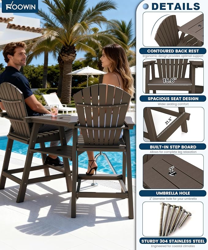 FOOWIN Tall Adirondack Chair Set of 2, All Weather HDPE Bar Height Adirondack Chair with Double Connecting Trays - Photo 4