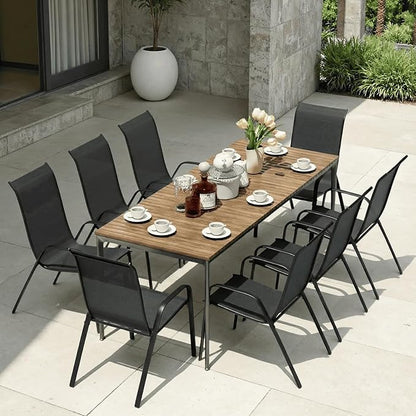 MAMIZO Patio Dining Chairs, Stackable All Weather Teslin Chair, Heavy Duty Outdoor Breathable Chairs Set, w/Armrests, Upgraded Chair FeetW/Strenthened Iron Spacers, 330 LBS (8, Black)