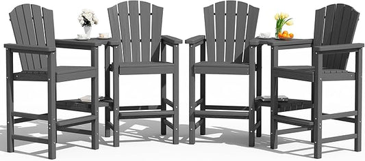 KINGYES Tall Adirondack Chairs Set of 4, All Weather Embossed Balcony Height Chair with Double Connecting Trays, Tall Poly Adirondack Chair, High Airondack Chair with Wood Grain, Backyard, Deck, Gray