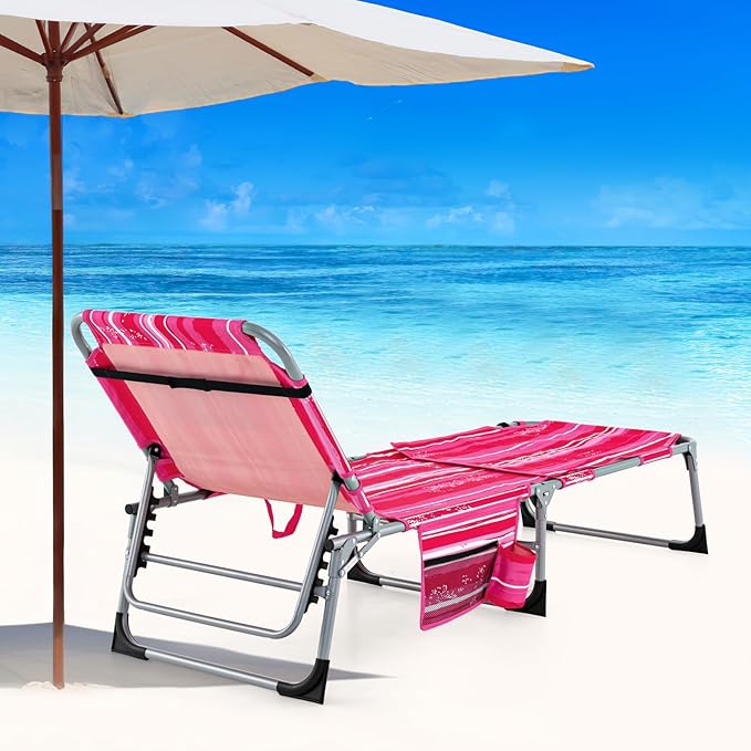 Goplus Tanning Chair, Folding Outdoor Beach Lounge Chair with Face & Arm Hole, Carrying Strap, Pillow, Side Pocket - Photo 2