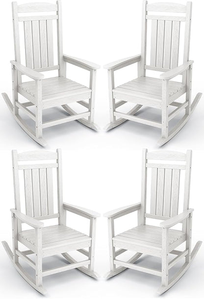 KINGYES HDPE Patio Rocking Chair Set of 4, Outdoor Rocking Chairs Porch Rocker for Adults, White