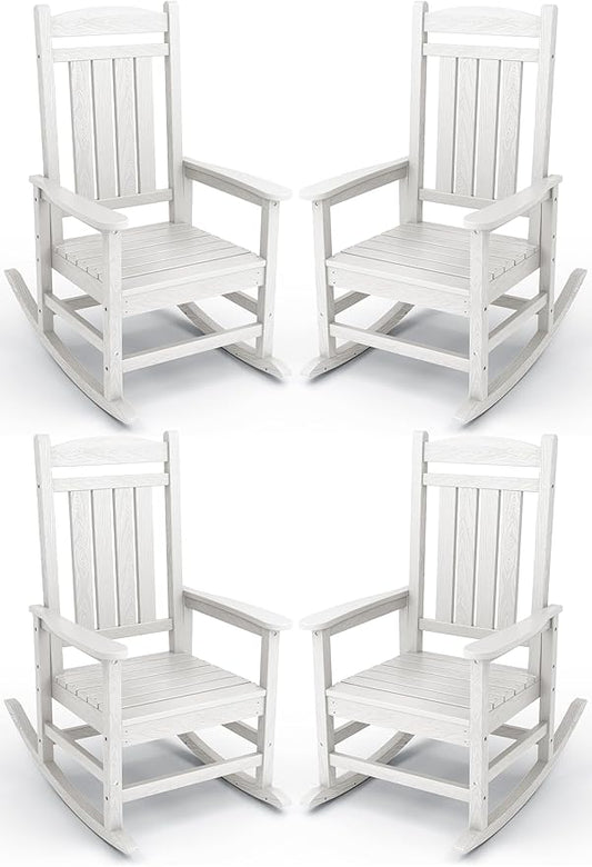 KINGYES HDPE Patio Rocking Chair Set of 4, Outdoor Rocking Chairs Porch Rocker for Adults, White
