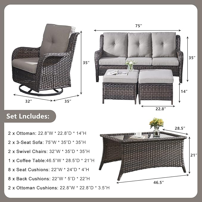 Rilyson Wicker Patio Furniture Set - 7 Piece Rattan Outdoor Sectional Conversation Sets with 2 Rocking Swivel Chairs - Photo 3