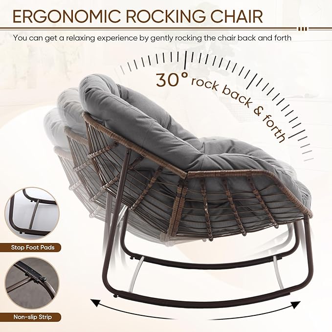 Large Indoor Rocking Chair Set of 2, Oversized Rocking Papasan Chair with Thick Cushion and Frame,Comfy Velvet Rocker Wicker Egg Chairs Lounge Reading Chair for Living Room, Bedroom, Light Grey