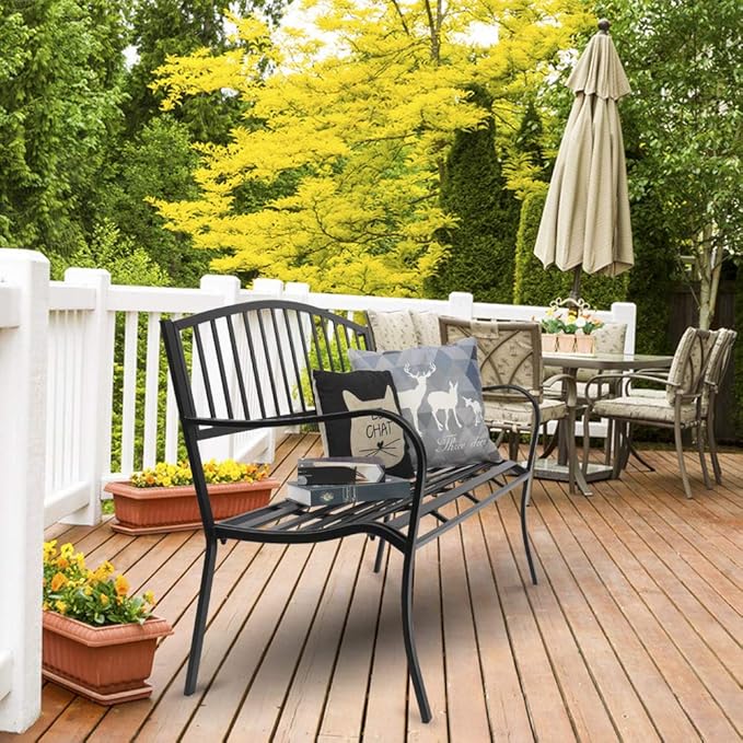 49-Inch Outdoor Garden Bench Natural Hardwood Patio Park Bench Rustic Elegant Porch Deck Loveseat with Bronze Cast Iron Frame and Rose Pattern (B-Type)