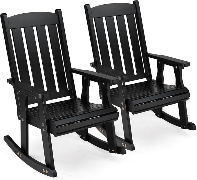 VINGLI Outdoor Rocking Chair, Heavy Duty 600 LBS Wooden Rocking Bench with Comfortable Backrest, Weatherproof Patio Rocker with Ergonomic Design, Wood Rocking Chair for Patio, Garden (Black, 2 PCS)