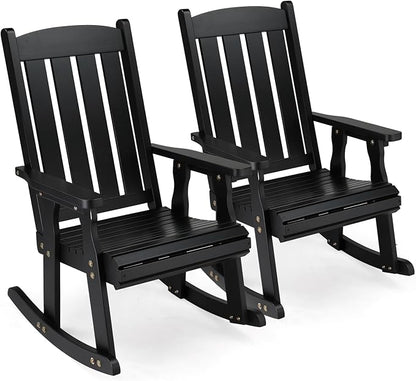 VINGLI Outdoor Rocking Chair Set of 2, Heavy Duty 600 LBS Wooden Rocking Chair with Comfortable Backrest, Weatherproof Rocker with Ergonomic Design, Suit for Patio, Garden, Yard, Black