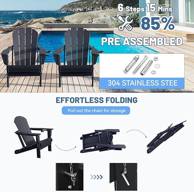 GOWE Adirondack Chairs Set of 2, Plastic Adirondack Chair, Adirondack Chairs, HDPE Adirondack Chair, Folding Adirondack Chairs, Outdoor Chairs with Cup Holder for Lawn Patio Deck Fire Pit -Black