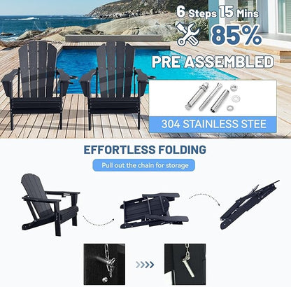 GOWE Adirondack Chairs Set of 2, Plastic Adirondack Chair, Adirondack Chairs, HDPE Adirondack Chair, Folding Adirondack Chairs, Outdoor Chairs with Cup Holder for Lawn Patio Deck Fire Pit -Black