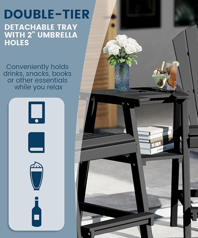 FOOWIN Tall Adirondack Chair Set of 8, All Weather HDPE Bar Height Adirondack Chair with Double Connecting Trays, Adirondack Barstools for Balcony, Deck, Backyard, Patio, Garden Black