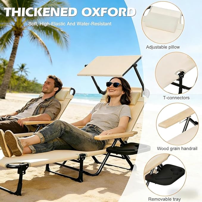 Folding Outdoor Chaise Lounge Chair with Arms, 4 Position Sunbathing Lounge Chair with Shade - Photo 6