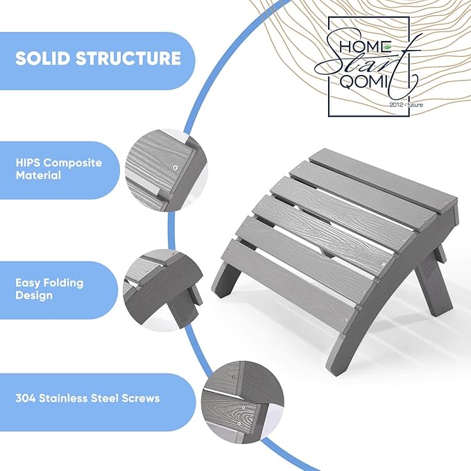 Adirondack Ottoman Set of 2, Plastic Folding Adirondack Footstool, All Weather Ottoman for Adirondack Chairs, Widely Used for Outdoor, Porch, Patio, Garden, Poolside, Fire Pits - Grey