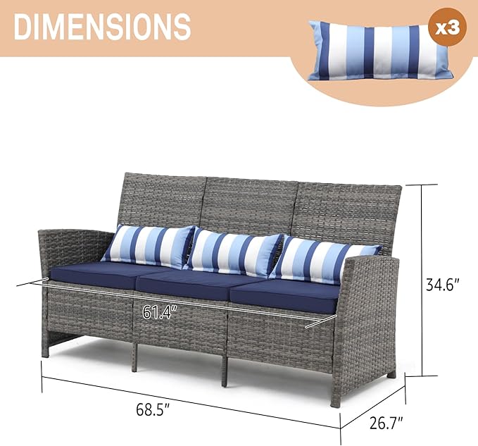 SUNSITT Outdoor Furniture 3 Seats Patio Couch, Outdoor Wicker Sofa, Grey PE Wicker with Blue Cushions & Lumbar Pillows - Photo 2