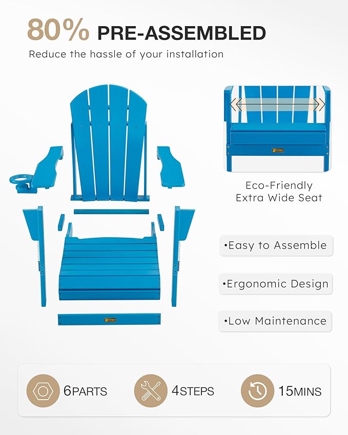 Folding Adirondack Chair, Patio Chair Wood Texture, Outdoor Chair Weather Resistant, Fire Pit Chair with Cup Holder, Composite Adirondack Chair Set of 4(Pacific Blue)
