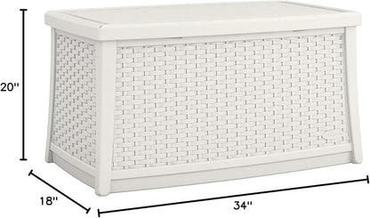 Suncast Elements 30-Gallon End Table with Storage - Lightweight Resin Outdoor Storage Patio and Coffee Table for Cushions, Gardening Tools and Toys - Store Items on Patio - White, Made in the USA