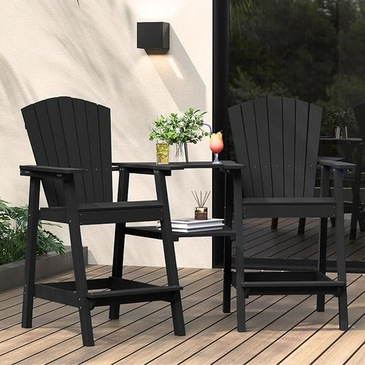 Tall Adirondack Chairs Set of 2 with Removable Tray, HDPE Bar Height Adirondack Bar Stools, High Back Patio Chairs for Balcony, Deck, Lawn, Backyard, All-Weather Outdoor Furniture, Black