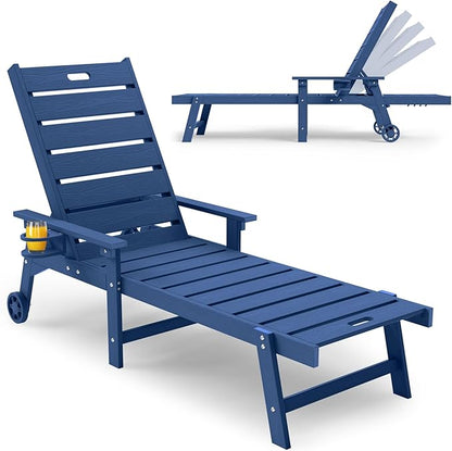 YEFU Lounge Chair Outdoor Chaise: Outdoor Chaise Lounge with 5-Level Adjustable Backrest, Cup Holders & Wheels, All-Weather Resistance Chaise Lounge for Outside/Patio/Beach/Deck, Navy Blue